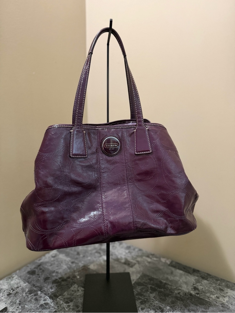 Coach Signature Stitch Frame Carryall bag (Style F15658) in purple leather